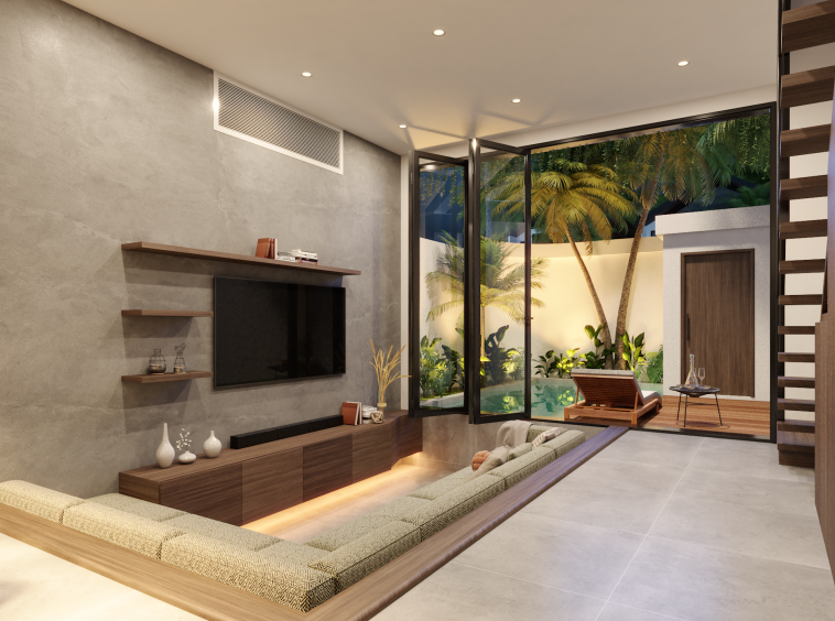 Night renderings of a cozy living area with a pool. The room features comfortable seating, warm lighting, and a muted color palette. The pool area is surrounded by lush greenery, creating a serene atmosphere.