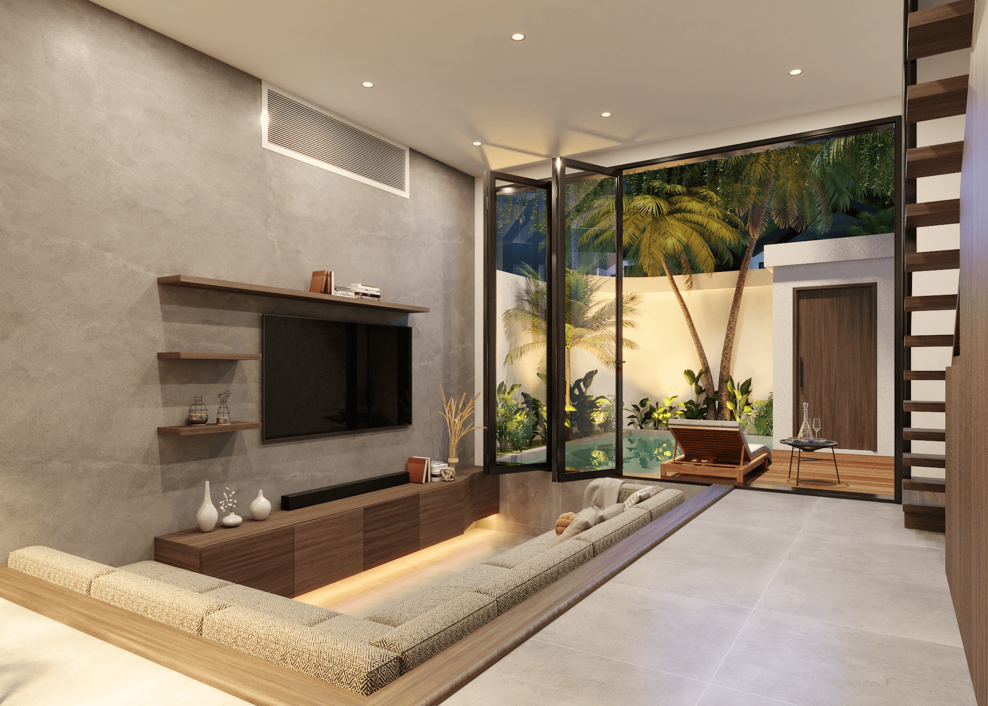 Night renderings of a cozy living area with a pool. The room features comfortable seating, warm lighting, and a muted color palette. The pool area is surrounded by lush greenery, creating a serene atmosphere.